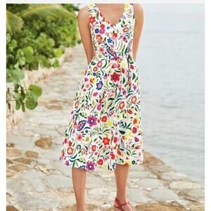 Boden Jade Fit & Flare Midi Dress Ivory Folk Pop Floral Linen Cotton Size 18